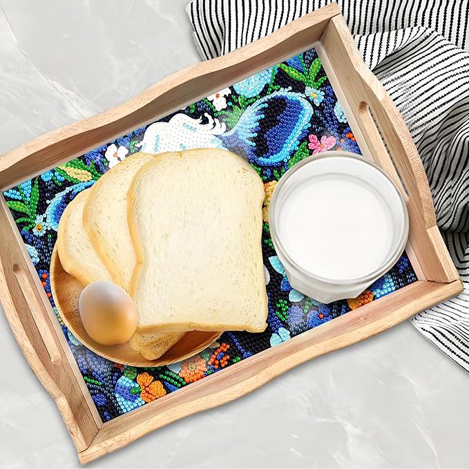 FGbaby DIY 5D Flowers Cow Diamond Painting Wood Serving Tray with Handles Diamond Art Decorative Serving Trays Wooden Tray for Breakfast in Bed, Patio, BBQ, Coffee Table, Party –Great for Lap & Couch