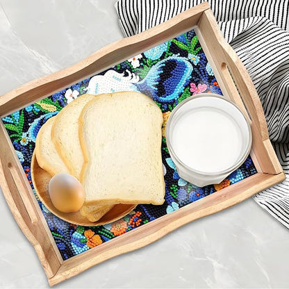 FGbaby DIY 5D Flowers Cow Diamond Painting Wood Serving Tray with Handles Diamond Art Decorative Serving Trays Wooden Tray for Breakfast in Bed, Patio, BBQ, Coffee Table, Party –Great for Lap & Couch