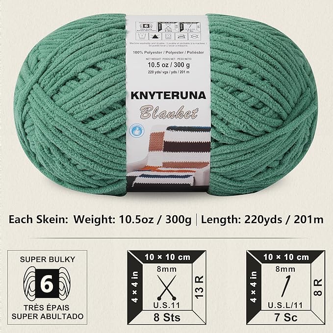#6 Super Bulky Blanket Yarn for Crocheting - 4 Skeins(Each 10.5oz/300g, 220yds/201m), Chunky Chenille Thick Plush Big Soft Yarn for Crocheting Knitting Blankets, Misty Jungle Green