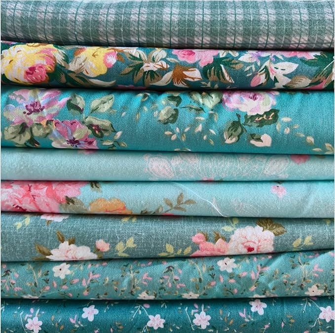 8Pcs 9.8"*9.8"(25cm*25cm) Cotton Fabric DIY Making Supplies Quilting Patchwork Fabric Fat Quarter Bundles DIY for Quilting Cotton Patchwork Cushions (Blue Green Flowers, 25 * 25cm)