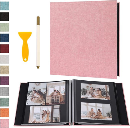 Photo Album Self Adhesive Pages Black Sticky Pages Large Scrapbook Linen Cover for 4x6 5x7 8x10 Pictures Album de Fotos Wedding Couples Baby Family Memory Book, 11x10.6 Pink 40 Pages