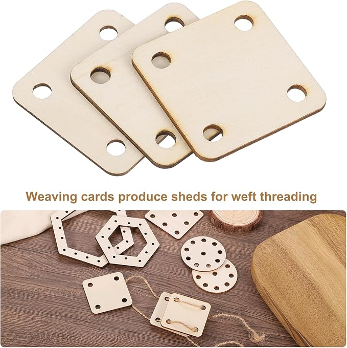 MECCANIXITY 24pcs Wooden Weaving Card, 4 Holes 2x2 Inch Square Tablet Weaving Cards for Knitting Loom Kit Supplies, DIY Knitting Tools