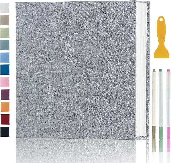 Aenbuslm Photo Album Self Adhesive Pages for 4x6 5x7 8x10 Pictures Scrapbook Magnetic Photo Albums with Sticky Pages Books with A Metallic Pen for Baby Wedding Family 13.2x12.8 Grey 120 Pages