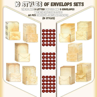 TaoBary 160 Pcs Stationery Paper Set 50 Double Sided Stationery Papers with 50 Matching Envelopes and 60 Round Dot Sticker, 10 Design(Vintage,5.5 x 8.25 Inch)