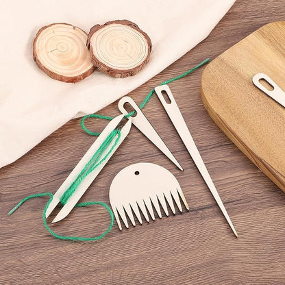 MECCANIXITY Hand Loom Stick Set, 4pcs Knitting Tools Including Wood Weaving Crochet Needle Wooden Shuttle Wood Weaving Comb for Knitting Crafts
