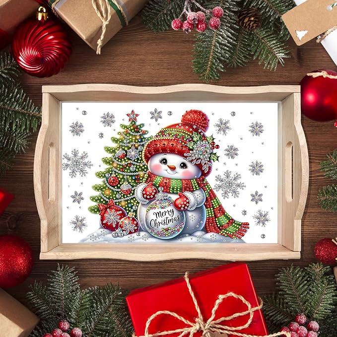 DIY Diamond Art Painting Wooden Tray Kit With Handle, Food Tray for Breakfast, Bar Dinner Table Decoration, Diamond Dots Gem Painting Art Set for Beginners-Snowman2
