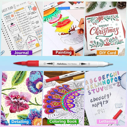 Halobios 120 Dual Tip Art Marker Pens, Color by Number Markers, Professional Brush & Fine Tips Coloring Markers for Student Adults Colouring Book Sketching Drawing Lettering Greeting Cards Gift