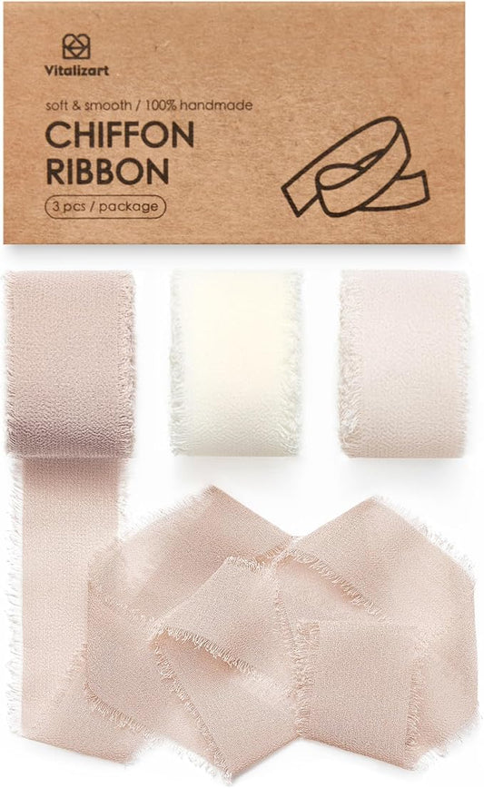 Vitalizart Chiffon Silk Ribbon 1" x 21 Yd Nude & White Fringe Fabric Package (3 Rolls * 7 Yd) for Wedding Invitations Bridal Bouquets Decorations Gifts Wrapping & Bow Making