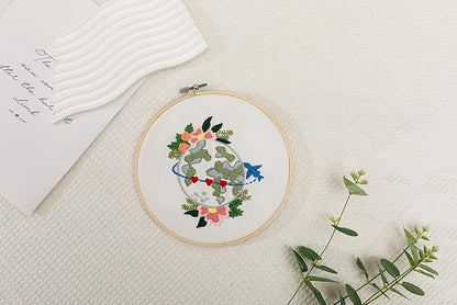 Looples Embroidery Kit for Beginners and Adults with Video Tutorials – DIY Starter Kit with 3 Stamped Floral Patterns, Hoops, Threads, Needles, and Instructions (Car, Globe and Camera)