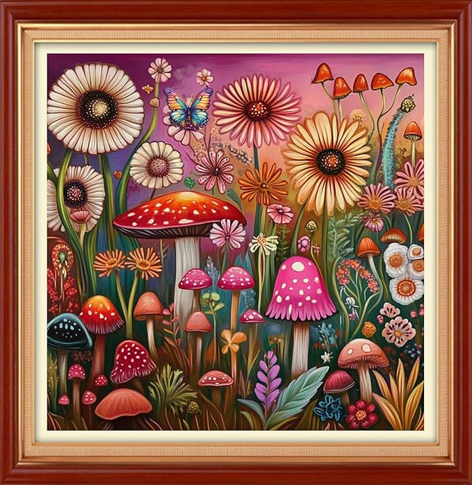 Foxhool Stamped Cross Stitch Kits,11CT Printed Cross Stitch Pattern Full Embroidery Kits for Beginner Needlepoint Kits& Mushroom Flowers 18x18 inch