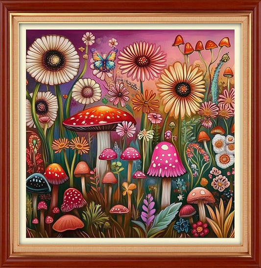 Foxhool Stamped Cross Stitch Kits,11CT Printed Cross Stitch Pattern Full Embroidery Kits for Beginner Needlepoint Kits& Mushroom Flowers 18x18 inch
