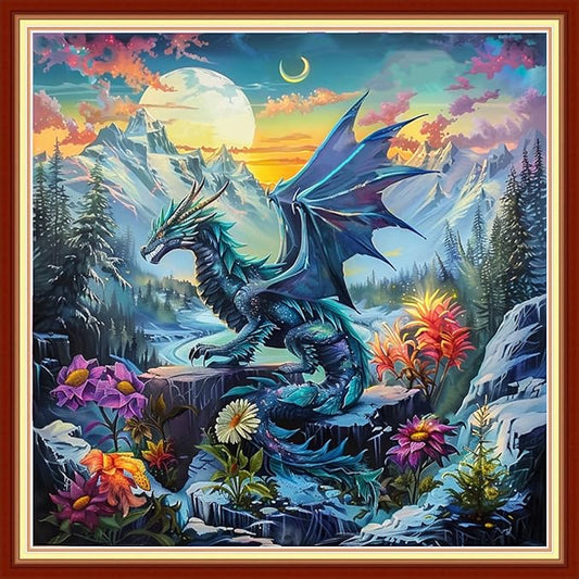 Funchey Stamped Cross Stitch Kits, DIY Cross Stitch Pattern for Adults Beginners Needlepoint Kits Embroidery Kit Arts and Crafts 11CT&Dragon Moon 18x18 inchs