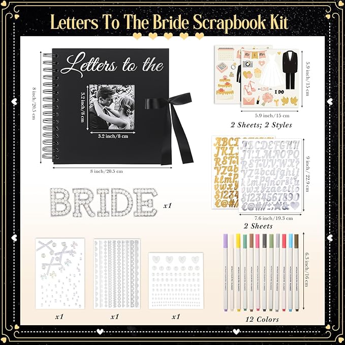 Fullhawl Letters To The Bride Scrapbook 8x8 Inch Bride Memory Book DIY Wedding Photo Album with Stickers and Markers for Wedding Engagement Bridal Shower Gifts Party Supplies, 40 Sheets (Bridal,Black)