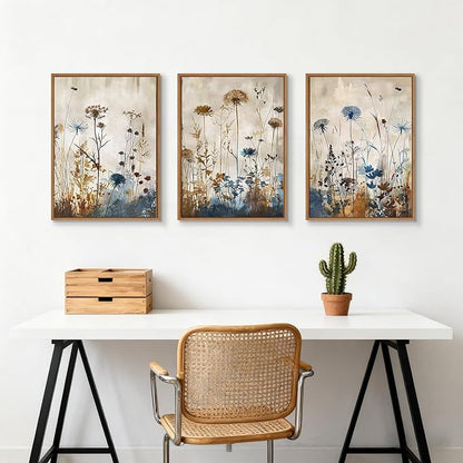 WENGTIAO 3Pcs Vintage Framed Canvas Wall Art Prints Flowers Posters Pictures Boho Brown Blue Blooms Paintings Nature Floral Botanical Artwork for Living Room Bedroom Bathroom Office 16x24x3