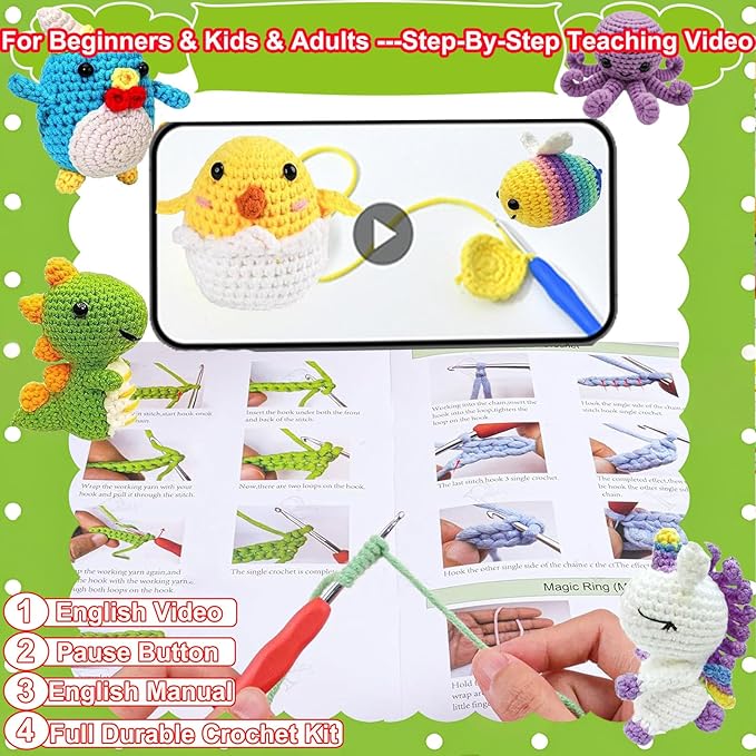 6PCS Crochet Kit for Beginners, Beginners Knitting Kit for Adults, Cute Animals Complete Starter Kit with Step-by-Step Video Tutorials and Instructions, Christmas Gifts for Adults and Friends