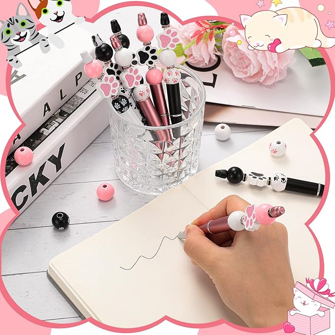 Geyee 12 Set Plastic Beadable Pens Assorted Bead Pens Crystal Wood Round Spacer Set Black Ink DIY Ballpoint for Women Men Gift Office Supplies(Dog Paw)