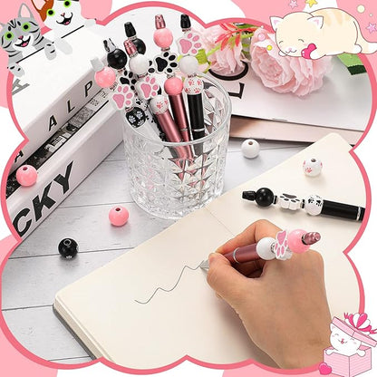 Geyee 12 Set Plastic Beadable Pens Assorted Bead Pens Crystal Wood Round Spacer Set Black Ink DIY Ballpoint for Women Men Gift Office Supplies(Dog Paw)