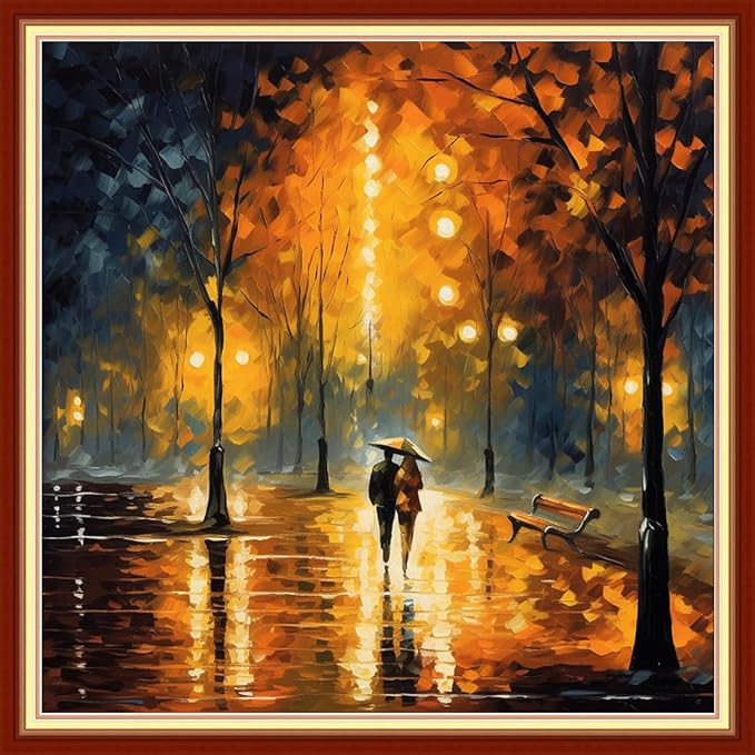 Joyhoor Cross Stitch Kits for Beginners Stamped Cross-Stitch Supplies Needlework preprint Embroidery Kits for Adults DIY Needlepoint Kits Embroidery Patterns 11CT-Strolling Rainy Night 18.x18 inch