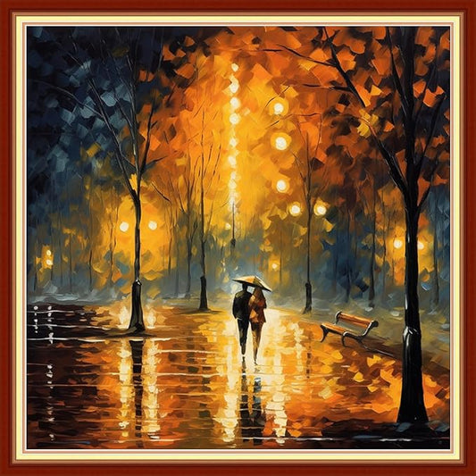 Joyhoor Cross Stitch Kits for Beginners Stamped Cross-Stitch Supplies Needlework preprint Embroidery Kits for Adults DIY Needlepoint Kits Embroidery Patterns 11CT-Strolling Rainy Night 18.x18 inch