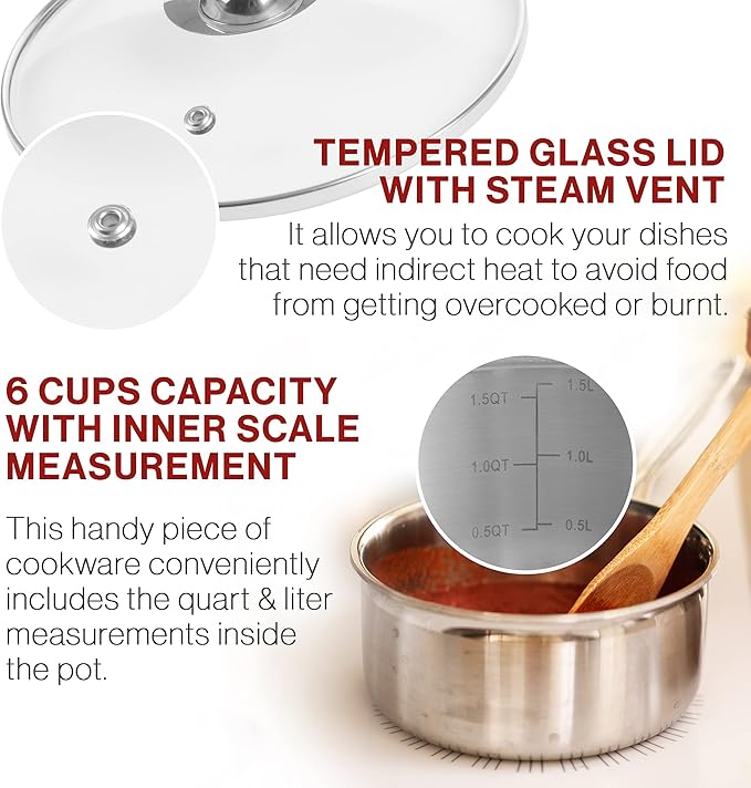 6 Cup Double Boiler Pot Set – 1.5 Quart Stainless-Steel Saucepan 2-in-1 with Vented Glass Lid – Kitchen Cookware with Measurements by Classic Cuisine