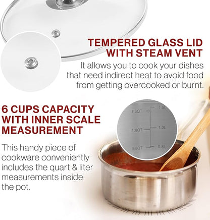 6 Cup Double Boiler Pot Set – 1.5 Quart Stainless-Steel Saucepan 2-in-1 with Vented Glass Lid – Kitchen Cookware with Measurements by Classic Cuisine