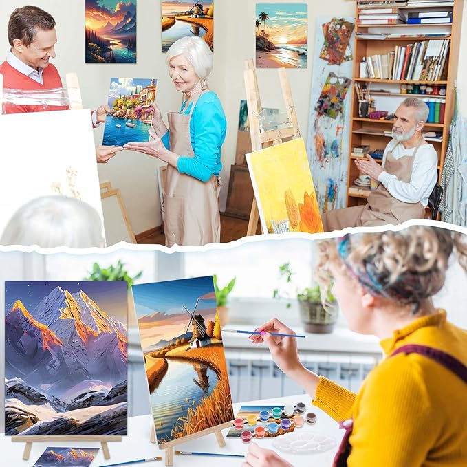 Tenceur 16 Sets Pre Drawn Canvas to Paint for Sip and Paint Party, 8 x 10 Inch Preprinted Framed Pre Sketched Coloring Canvas with Easels and Brushes for Adults Party Supplies(Landscape)