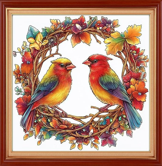 Foxhool Stamped Cross Stitch Kits,11CT Printed Cross Stitch Pattern Full Embroidery Kits for Beginner Needlepoint Kits&Wreath Bird 18x18 inch