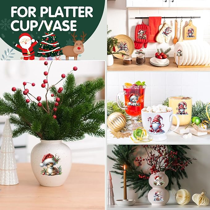 24 Sheets Vintage Christmas Rub On Transfers for Crafts, Rub On Transfers Christmas for Wood，Furniture Decals, Glass, Porcelain, Leather, Canvas, Fabric Projects,3 * 3inch(Gnome Reindeer)