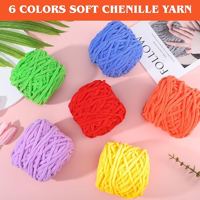 WSICSE Chenille Fluffy Yarn, Thick Chunky Blanket Yarn for Crocheting Plush Soft for Knitting DIY Christmas Stuffers, 6 Pack 100g Each 3.5 oz 55 Yards(Rainbow)