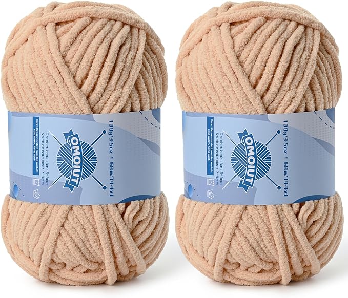 2 Pack Chunky Chenille Yarn for Crocheting，Baby Yarn for Crocheting Soft Blankets，Bulky Yarns for Crochet Amigurumi，200g (148.7yds) Fluffy Velvet Yarns for Hand Knitting (2 Apricot)