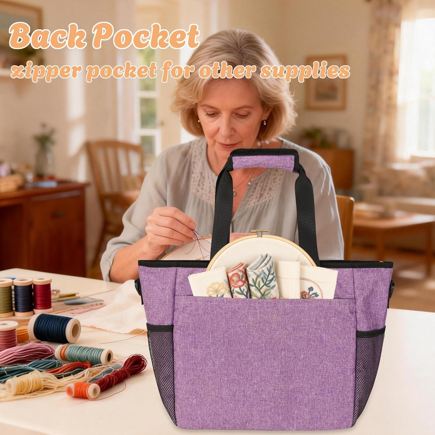 Embroidery Project Bag with Multiple Compartments & Shoulder Strap (Purple)