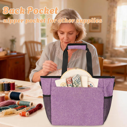 Embroidery Project Bag with Multiple Compartments & Shoulder Strap (Purple)