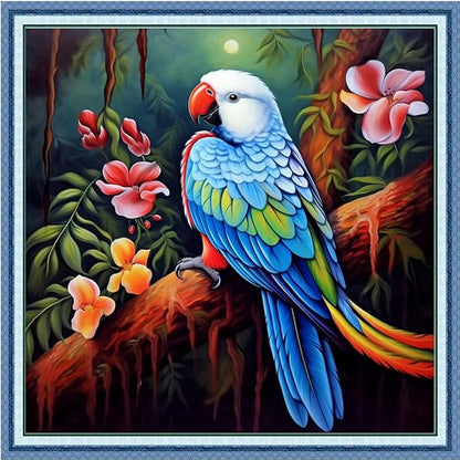 Foxdiviy Stamped Cross Stitch Kits Full Range of Embroidery Needlework Starter Kits for Beginners Adults 11CT Embroidery Patterns Art Crafts DIY Needlepoint Kits-Parrot Flowers 18x18 inch