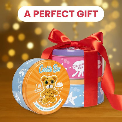 Cookie Box Crochet Kit for Beginners – Gift Set to Make Leopard Leo Amigurumi Plushie – Easy DIY Crochet & Knitting Starter Kit with Video and PDF Tutorials