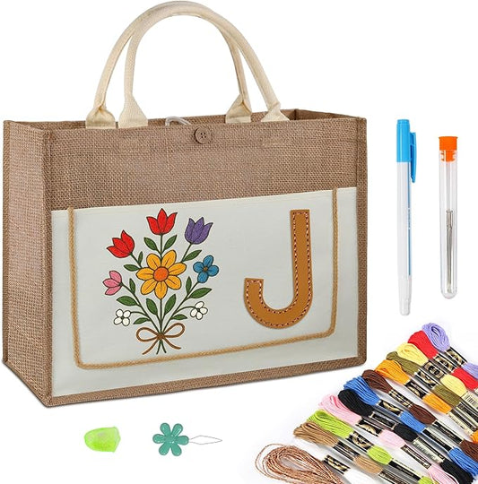 DIY Personalized Canvas Tote Bag with Embroidery Kit, Sturdy Jute Craft Bag with Front Pocket & Water-Resistant Lining, Customizable Gift Tote for Women, Everyday Use, Beach, Work, Groceries (J)