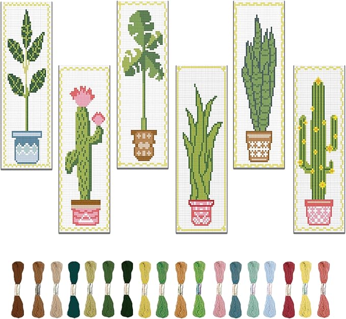 FREEBLOSS 6 Set Cross Stitch Bookmark Kit Green Plants Patterned Embroidery Bookmarks with Instruction Cross Stitch Kits for Adults 8''x2.4''