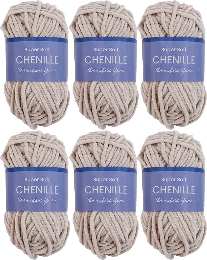 6 Pack ThreadArt Chenille Yarn for Crocheting, Knitting, Amigurumi, Super Soft Plush Velvet Yarn - 50 Gram 60 yds #5 Fluffy Yarn Skeins - Natural 03