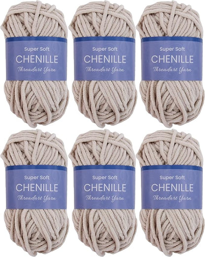 6 Pack ThreadArt Chenille Yarn for Crocheting, Knitting, Amigurumi, Super Soft Plush Velvet Yarn - 50 Gram 60 yds #5 Fluffy Yarn Skeins - Natural 03