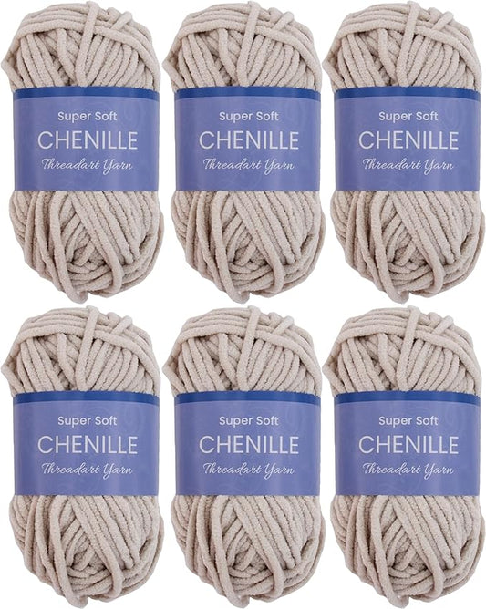 6 Pack ThreadArt Chenille Yarn for Crocheting, Knitting, Amigurumi, Super Soft Plush Velvet Yarn - 50 Gram 60 yds #5 Fluffy Yarn Skeins - Natural 03