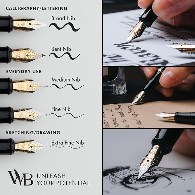 Wordsworth & Black Fountain Pen Set, 18K Gilded Extra Fine Nib, Includes 24 Pack Ink Cartridges, Ink Refill Converter & Gift Box, Gold Finish, Calligraphy, [Black Gold], Perfect for Men & Women