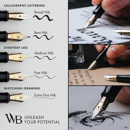 Wordsworth & Black Fountain Pen Set, 18K Gilded Bent Nib, Includes 24 Pack Ink Cartridges, Ink Refill Converter & Gift Box, Gold Finish, Calligraphy, [Silver Gold], Perfect for Men & Women