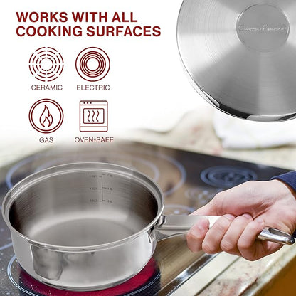 6 Cup Double Boiler Pot Set – 1.5 Quart Stainless-Steel Saucepan 2-in-1 with Vented Glass Lid – Kitchen Cookware with Measurements by Classic Cuisine