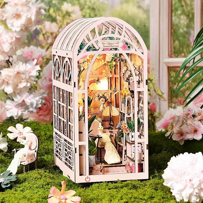 Foyucool DIY Book Nook Kit, Miniature Bookshelf Decor with LED Lights, Laser-Cut Wooden Craft Set for Adults, Creative Gift for Christmas, Birthday, Greenhouse Flower Room