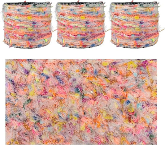Artisanal Yarn Collection Multifiber Multicolored Fancy Yarn with Micro Silver Sequins for Knitting Crocheting Crafts DIY, Set of 3 Rolls (Neon Fireworks)