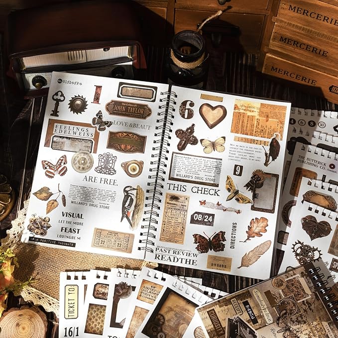 RISYPISY Pre-Cut Vintage Sticker for Journaling, 595PCS - 50 Sheets Washi Brown Scrapbooking Stickers, Ephemera for Junk Journal Supplies DIY Crafts Dark Academia Stickers for Adults