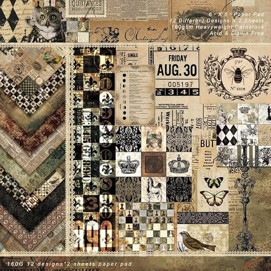 DESEACO Dark Academia Scrapbook Paper Pad 6x6, Assorted Pattern Decopodge Cardstock Paper, Single-Sided Vintage Scrapbooking DIY Decorative Cardmaking Supplies, Junk Journaling Craft Paper-24Pcs