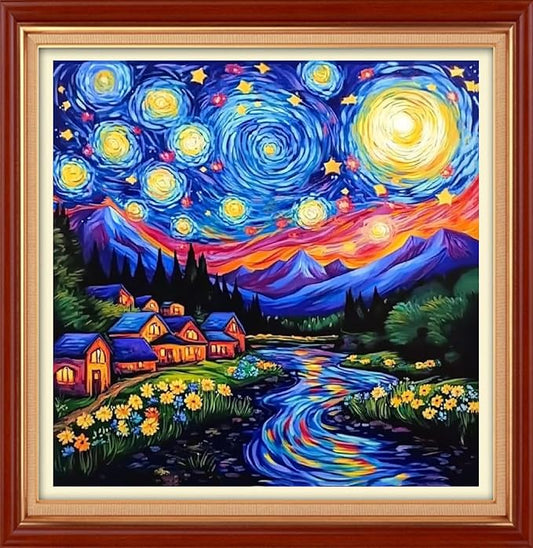 Foxhool Stamped Cross Stitch Kits,11CT Printed Cross Stitch Pattern Full Embroidery Kits for Beginner Needlepoint Kits&Van Gogh's Starry Sky Scenery 18x18 inch