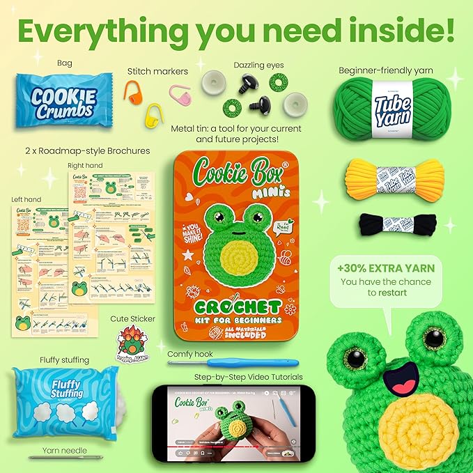 Cookie Box Crochet Kit for Beginners – Gift Set to Make Frog Ribbit Amigurumi Plushie – Easy DIY Crochet & Knitting Starter Kit with Printed Instructions & Step-by-Step Video Tutorial