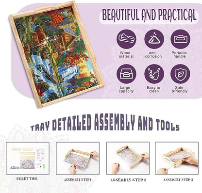 EWJRNSF Diamond Art Kits for Adults Wooden Serving Trays with Handles, 5D Diamond Painting Big Gem Arts and Craft Gifts Trays Decor Gift Home Decor 12.2x16.1 Inches Landscape A