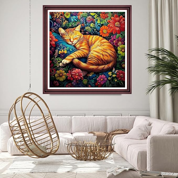 DMCCRAFT Stamped Cross Stitch Kits for Adults 11CT Printed Cross-Stitch Patterns Embroidery Kits Easy Cross Stitching Needlepoint Kits Crossstitch-Cat Flowers 18x18 inch